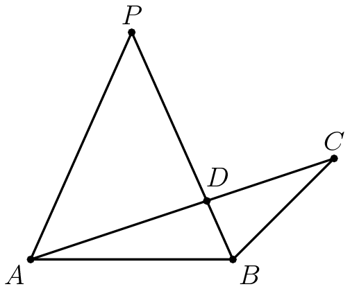 [asy] defaultpen(linewidth(.8pt)); dotfactor=4; pair A = origin; pair B = (2,0); pair C = (3,1); pair P = (1,2.25); pair D = intersectionpoint(P--B,C--A); dot(A);dot(B);dot(C);dot(P);dot(D); label("$A$",A,SW);label("$B$",B,SE);label("$C$",C,N);label("$D$",D,NE + N);label("$P$",P,N); draw(A--B--P--cycle); draw(A--C--B--cycle);[/asy]