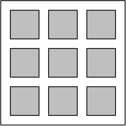 [asy] draw((0,0)--(13,0)--(13,13)--(0,13)--cycle); filldraw((1,1)--(4,1)--(4,4)--(1,4)--cycle, mediumgray); filldraw((1,5)--(4,5)--(4,8)--(1,8)--cycle, mediumgray); filldraw((1,9)--(4,9)--(4,12)--(1,12)--cycle, mediumgray); filldraw((5,1)--(8,1)--(8,4)--(5,4)--cycle, mediumgray); filldraw((5,5)--(8,5)--(8,8)--(5,8)--cycle, mediumgray); filldraw((5,9)--(8,9)--(8,12)--(5,12)--cycle, mediumgray); filldraw((9,1)--(12,1)--(12,4)--(9,4)--cycle, mediumgray); filldraw((9,5)--(12,5)--(12,8)--(9,8)--cycle, mediumgray); filldraw((9,9)--(12,9)--(12,12)--(9,12)--cycle, mediumgray); [/asy]