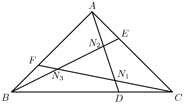 [asy] unitsize(27); defaultpen(linewidth(.8pt)+fontsize(10pt)); pair A,B,C,D,E,F,X,Y,Z; A=(3,3); B=(0,0); C=(6,0); D=(4,0); E=(4,2); F=(1,1); draw(A--B--C--cycle); draw(A--D); draw(B--E); draw(C--F); X=intersectionpoint(A--D,C--F); Y=intersectionpoint(B--E,A--D); Z=intersectionpoint(B--E,C--F); label("$A$",A,N); label("$B$",B,SW); label("$C$",C,SE); label("$D$",D,S); label("$E$",E,NE); label("$F$",F,NW); label("$N_1$",X,NE); label("$N_2$",Y,WNW); label("$N_3$",Z,S); [/asy]