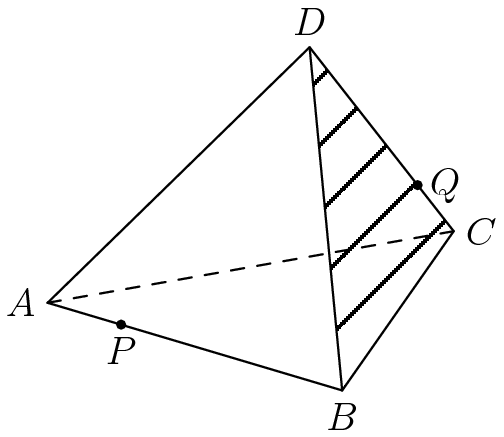 [asy] size(150); import patterns; pair D=(0,0),C=(1,-1),B=(2.5,-0.2),A=(1,2),AA,BB,CC,DD,P,Q,aux; add("hatch",hatch()); //AA=new A and etc. draw(rotate(100,D)*(A--B--C--D--cycle)); AA=rotate(100,D)*A; BB=rotate(100,D)*D; CC=rotate(100,D)*C; DD=rotate(100,D)*B; aux=midpoint(AA--BB); draw(BB--DD); P=midpoint(AA--aux); aux=midpoint(CC--DD); Q=midpoint(CC--aux); draw(AA--CC,dashed); dot(P); dot(Q); fill(DD--BB--CC--cycle,pattern("hatch")); label("$A$",AA,W); label("$B$",BB,S); label("$C$",CC,E); label("$D$",DD,N); label("$P$",P,S); label("$Q$",Q,E); //Credit to TheMaskedMagician for the diagram[/asy]