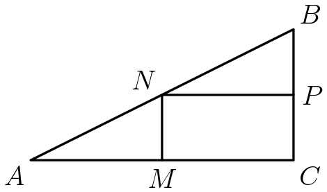 [asy] defaultpen(linewidth(.8pt)); unitsize(2cm); pair A = origin; pair M = (1,0); pair C = (2,0); pair P = (2,0.5); pair B = (2,1); pair Q = (1,0.5); draw(A--B--C--cycle); draw(M--Q--P); label("$A$",A,SW); label("$M$",M,S); label("$C$",C,SE); label("$P$",P,E); label("$B$",B,NE); label("$N$",Q,NW);[/asy]