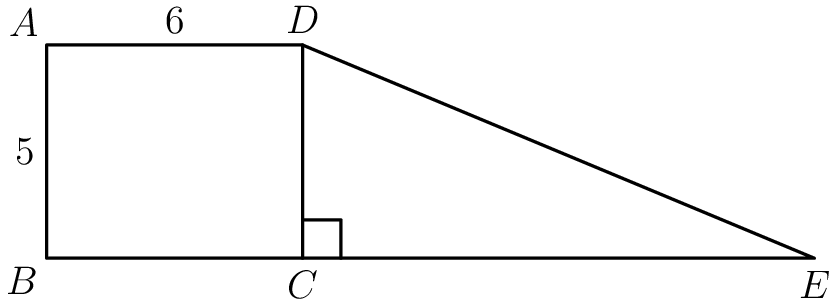 [asy] size(250); defaultpen(linewidth(0.8)); pair A=(0,5),B=origin,C=(6,0),D=(6,5),E=(18,0); draw(A--B--E--D--cycle^^C--D); draw(rightanglemark(D,C,E,30)); label("$A$",A,NW); label("$B$",B,SW); label("$C$",C,S); label("$D$",D,N); label("$E$",E,S); label("$5$",A/2,W); label("$6$",(A+D)/2,N); [/asy]