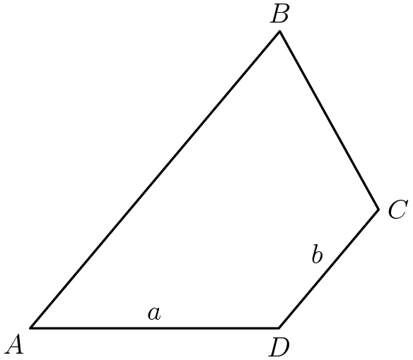 [asy] size(175); defaultpen(linewidth(0.8)); real r=50, a=4,b=2.5,c=6.25; pair A=origin,B=c*dir(r),D=(a,0),C=shift(b*dir(r))*D; draw(A--B--C--D--cycle); label("$A$",A,SW); label("$B$",B,N); label("$C$",C,E); label("$D$",D,S); label("$a$",D/2,N); label("$b$",(C+D)/2,NW); [/asy]