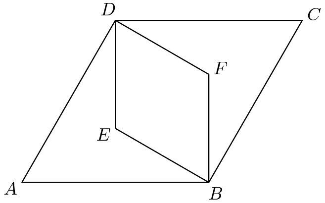 [asy] defaultpen(linewidth(0.7)+fontsize(11)); unitsize(2cm); pair A=origin, B=(2,0), C=(3, sqrt(3)), D=(1, sqrt(3)), E=(1, 1/sqrt(3)), F=(2, 2/sqrt(3)); pair point=(3/2, sqrt(3)/2); draw(B--C--D--A--B--F--D--E--B); label("$A$", A, dir(point--A)); label("$B$", B, dir(point--B)); label("$C$", C, dir(point--C)); label("$D$", D, dir(point--D)); label("$E$", E, dir(point--E)); label("$F$", F, dir(point--F)); [/asy]