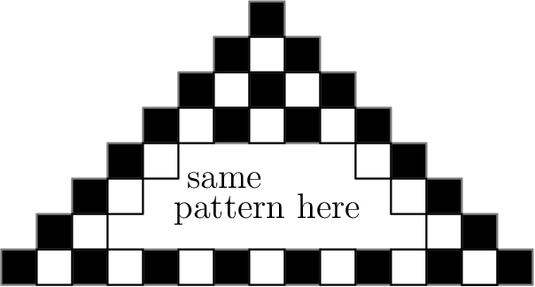 [asy] unitsize(12); //Force a white background in middle even when transparent fill((3,1)--(12,1)--(12,4)--(3,4)--cycle,white); //Black Squares, Gray Border (blends better than white) for(int a=0; a<7; ++a) { filldraw((2a,0)--(2a+1,0)--(2a+1,1)--(2a,1)--cycle,black,gray); } for(int b=7; b<15; ++b) { filldraw((b,14-b)--(b+1,14-b)--(b+1,15-b)--(b,15-b)--cycle,black,gray); } for(int c=1; c<7; ++c) { filldraw((c,c)--(c+1,c)--(c+1,c+1)--(c,c+1)--cycle,black,gray); } filldraw((6,4)--(7,4)--(7,5)--(6,5)--cycle,black,gray); filldraw((7,5)--(8,5)--(8,6)--(7,6)--cycle,black,gray); filldraw((8,4)--(9,4)--(9,5)--(8,5)--cycle,black,gray); //White Squares, Black Border filldraw((7,4)--(8,4)--(8,5)--(7,5)--cycle,white,black); for(int a=0; a<7; ++a) { filldraw((2a+1,0)--(2a+2,0)--(2a+2,1)--(2a+1,1)--cycle,white,black); } for(int b=9; b<15; ++b) { filldraw((b-1,14-b)--(b,14-b)--(b,15-b)--(b-1,15-b)--cycle,white,black); } for(int c=1; c<7; ++c) { filldraw((c+1,c)--(c+2,c)--(c+2,c+1)--(c+1,c+1)--cycle,white,black); } label("same",(6.3,2.45),N); label("pattern here",(7.5,1.4),N); [/asy]