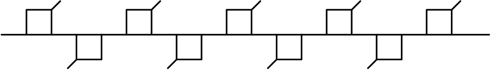 [asy] size(300); defaultpen(linewidth(0.8)); real r = 0.35; path P = (0,0)--(0,1)--(1,1)--(1,0), Q = (1,1)--(1+r,1+r); path Pp = (0,0)--(0,-1)--(1,-1)--(1,0), Qp = (-1,-1)--(-1-r,-1-r); for(int i=0;i <= 4;i=i+1) { draw(shift((4*i,0)) * P); draw(shift((4*i,0)) * Q); } for(int i=1;i <= 4;i=i+1) { draw(shift((4*i-2,0)) * Pp); draw(shift((4*i-1,0)) * Qp); } draw((-1,0)--(18.5,0)); [/asy]