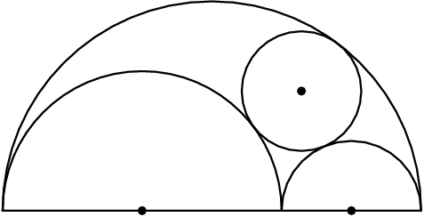 [asy] size(5cm); draw(arc((0,0),3,0,180)); draw(arc((2,0),1,0,180)); draw(arc((-1,0),2,0,180)); draw((-3,0)--(3,0)); pair P = (-1,0)+(2+6/7)*dir(36.86989); draw(circle(P,6/7)); dot((-1,0)); dot((2,0)); dot(P); [/asy]