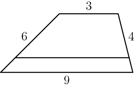 [asy] defaultpen(linewidth(.8pt)); unitsize(2cm); pair A = origin; pair B = (2.25,0); pair C = (2,1); pair D = (1,1); pair E = waypoint(A--D,0.25); pair F = waypoint(B--C,0.25); draw(A--B--C--D--cycle); draw(E--F); label("6",midpoint(A--D),NW); label("3",midpoint(C--D),N); label("4",midpoint(C--B),NE); label("9",midpoint(A--B),S);[/asy]