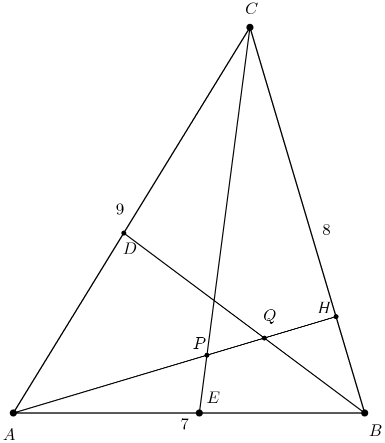 [asy] import graph; size(9cm); real labelscalefactor = 0.5; /* changes label-to-point distance */ pen dps = linewidth(0.7) + fontsize(10); defaultpen(dps); /* default pen style */ pen dotstyle = black; /* point style */ real xmin = -4.381056062031275, xmax = 15.020004395092375, ymin = -4.051697595316909, ymax = 10.663513514111651; /* image dimensions */ draw((0.,0.)--(4.714285714285714,7.666518779999279)--(7.,0.)--cycle); /* draw figures */ draw((0.,0.)--(4.714285714285714,7.666518779999279)); draw((4.714285714285714,7.666518779999279)--(7.,0.)); draw((7.,0.)--(0.,0.)); label("7",(3.2916797119724284,-0.07831656949355523),SE*labelscalefactor); label("9",(2.0037562070503783,4.196493361737088),SE*labelscalefactor); label("8",(6.114150371695219,3.785453945272603),SE*labelscalefactor); draw((0.,0.)--(6.428571428571427,1.9166296949998194)); draw((7.,0.)--(2.2,3.5777087639996634)); draw((4.714285714285714,7.666518779999279)--(3.7058823529411766,0.)); /* dots and labels */ dot((0.,0.),dotstyle); label("$A$", (-0.2432592696221352,-0.5715638692509372), NE * labelscalefactor); dot((7.,0.),dotstyle); label("$B$", (7.0458397156813835,-0.48935598595804014), NE * labelscalefactor); dot((3.7058823529411766,0.),dotstyle); label("$E$", (3.8123296394941084,0.16830708038513573), NE * labelscalefactor); dot((4.714285714285714,7.666518779999279),dotstyle); label("$C$", (4.579603216894479,7.895848109917452), NE * labelscalefactor); dot((2.2,3.5777087639996634),linewidth(3.pt) + dotstyle); label("$D$", (2.1407693458718726,3.127790878929427), NE * labelscalefactor); dot((6.428571428571427,1.9166296949998194),linewidth(3.pt) + dotstyle); label("$H$", (6.004539860638023,1.9494778850645704), NE * labelscalefactor); dot((5.,1.49071198499986),linewidth(3.pt) + dotstyle); label("$Q$", (4.935837377830365,1.7302568629501784), NE * labelscalefactor); dot((3.857142857142857,1.1499778169998918),linewidth(3.pt) + dotstyle); label("$P$", (3.538303361851119,1.2370095631927964), NE * labelscalefactor); clip((xmin,ymin)--(xmin,ymax)--(xmax,ymax)--(xmax,ymin)--cycle); /* end of picture */ [/asy]