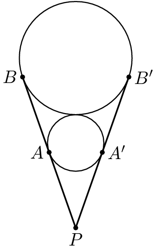 [asy] draw(circle((0,6sqrt(2)),2sqrt(2)),black+linewidth(.75)); draw(circle((0,3sqrt(2)),sqrt(2)),black+linewidth(.75)); draw((-8/3,16sqrt(2)/3)--(-4/3,8sqrt(2)/3)--(0,0)--(4/3,8sqrt(2)/3)--(8/3,16sqrt(2)/3),dot); MP("B",(-8/3,16*sqrt(2)/3),W);MP("B'",(8/3,16*sqrt(2)/3),E); MP("A",(-4/3,8*sqrt(2)/3),W);MP("A'",(4/3,8*sqrt(2)/3),E); MP("P",(0,0),S); [/asy]
