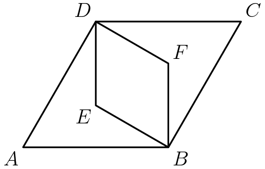 [asy] unitsize(3cm); defaultpen(.8); pair A=(0,0), B=(1,0), D=dir(60), C=B+D; draw(A--B--C--D--cycle); pair Ep = intersectionpoint( B -- (B+10*dir(150)), D -- (D+10*dir(270)) ); pair F = intersectionpoint( B -- (B+10*dir(90)), D -- (D+10*dir(330)) ); draw(B--Ep--D--F--cycle); label("$A$",A,SW); label("$B$",B,SE); label("$C$",C,NE); label("$D$",D,NW); label("$E$",Ep,SW); label("$F$",F,NE); [/asy]