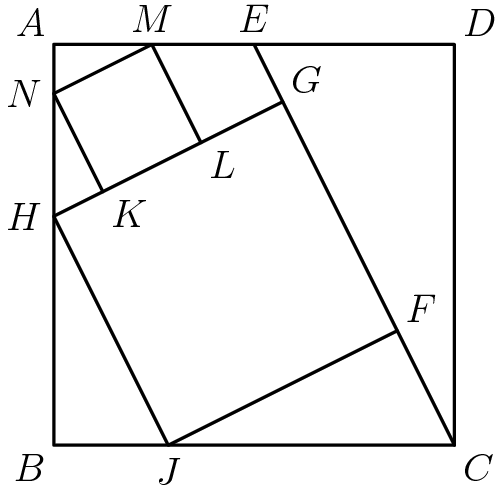 [asy] pair A,B,C,D,E,F,G,H,J,K,L,M,N; B=(0,0); real m=7*sqrt(55)/5; J=(m,0); C=(7*m/2,0); A=(0,7*m/2); D=(7*m/2,7*m/2); E=(A+D)/2; H=(0,2m); N=(0,2m+3*sqrt(55)/2); G=foot(H,E,C); F=foot(J,E,C); draw(A--B--C--D--cycle); draw(C--E); draw(G--H--J--F); pair X=foot(N,E,C); M=extension(N,X,A,D); K=foot(N,H,G); L=foot(M,H,G); draw(K--N--M--L); label("$A$",A,NW); label("$B$",B,SW); label("$C$",C,SE); label("$D$",D,NE); label("$E$",E,dir(90)); label("$F$",F,NE); label("$G$",G,NE); label("$H$",H,W); label("$J$",J,S); label("$K$",K,SE); label("$L$",L,SE); label("$M$",M,dir(90)); label("$N$",N,dir(180)); [/asy]