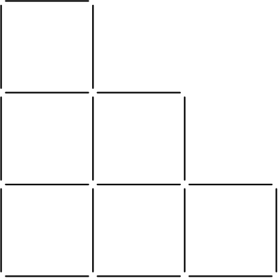 [asy] unitsize(40); for(int i=0; i<3; i+=1) { draw((0,i+0.05)--(0,i+0.95)); draw((i+0.05,0)--(i+0.95,0)); for(int j=0; j<3-i; j+=1) { draw((i+1,j+0.05)--(i+1,j+0.95)); draw((i+0.05,j+1)--(i+0.95,j+1)); } } [/asy]