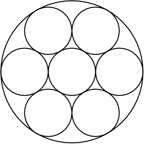 [asy] draw(circle((0,0),3)); draw(circle((0,0),1)); draw(circle((1,sqrt(3)),1)); draw(circle((-1,sqrt(3)),1)); draw(circle((-1,-sqrt(3)),1)); draw(circle((1,-sqrt(3)),1)); draw(circle((2,0),1)); draw(circle((-2,0),1)); [/asy]