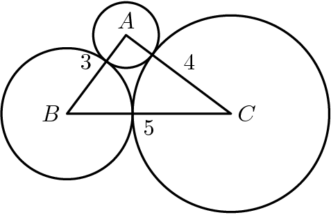 [asy] unitsize(5mm); defaultpen(fontsize(10pt)+linewidth(.8pt)); pair B=(0,0), C=(5,0); pair A=intersectionpoints(Circle(B,3),Circle(C,4))[0]; draw(A--B--C--cycle); draw(Circle(C,3)); draw(Circle(A,1)); draw(Circle(B,2)); label("$A$",A,N); label("$B$",B,W); label("$C$",C,E); label("3",midpoint(B--A),NW); label("4",midpoint(A--C),NE); label("5",midpoint(B--C),S);[/asy]