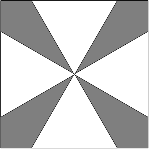 [asy] pen white = gray(1); pen gray = gray(0.5); draw((0,0)--(2sqrt(3),0)--(2sqrt(3),2sqrt(3))--(0,2sqrt(3))--cycle); fill((0,0)--(2sqrt(3),0)--(2sqrt(3),2sqrt(3))--(0,2sqrt(3))--cycle, gray); draw((sqrt(3)-1,0)--(sqrt(3),sqrt(3))--(sqrt(3)+1,0)--cycle); fill((sqrt(3)-1,0)--(sqrt(3),sqrt(3))--(sqrt(3)+1,0)--cycle, white); draw((sqrt(3)-1,2sqrt(3))--(sqrt(3),sqrt(3))--(sqrt(3)+1,2sqrt(3))--cycle); fill((sqrt(3)-1,2sqrt(3))--(sqrt(3),sqrt(3))--(sqrt(3)+1,2sqrt(3))--cycle, white); draw((0,sqrt(3)-1)--(sqrt(3),sqrt(3))--(0,sqrt(3)+1)--cycle); fill((0,sqrt(3)-1)--(sqrt(3),sqrt(3))--(0,sqrt(3)+1)--cycle, white); draw((2sqrt(3),sqrt(3)-1)--(sqrt(3),sqrt(3))--(2sqrt(3),sqrt(3)+1)--cycle); fill((2sqrt(3),sqrt(3)-1)--(sqrt(3),sqrt(3))--(2sqrt(3),sqrt(3)+1)--cycle, white); [/asy]
