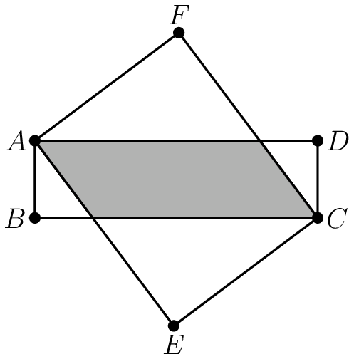 [asy] pair A, B, C, D, E, F; A = (0,3); B=(0,0); C=(11,0); D=(11,3); E=foot(C, A, (9/4,0)); F=foot(A, C, (35/4,3)); draw(A--B--C--D--cycle); draw(A--E--C--F--cycle); filldraw(A--(9/4,0)--C--(35/4,3)--cycle,gray*0.5+0.5*lightgray); dot(A^^B^^C^^D^^E^^F); label("$A$", A, W); label("$B$", B, W); label("$C$", C, (1,0)); label("$D$", D, (1,0)); label("$F$", F, N); label("$E$", E, S); [/asy]