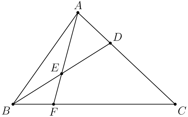 [asy] unitsize(2cm); pair A,B,C,DD,EE,FF; B = (0,0); C = (3,0); A = (1.2,1.7); DD = (2/3)*A+(1/3)*C; EE = (B+DD)/2; FF = intersectionpoint(B--C,A--A+2*(EE-A)); draw(A--B--C--cycle); draw(A--FF); draw(B--DD);dot(A); label("$A$",A,N); dot(B); label("$B$", B,SW);dot(C); label("$C$",C,SE); dot(DD); label("$D$",DD,NE); dot(EE); label("$E$",EE,NW); dot(FF); label("$F$",FF,S); [/asy]