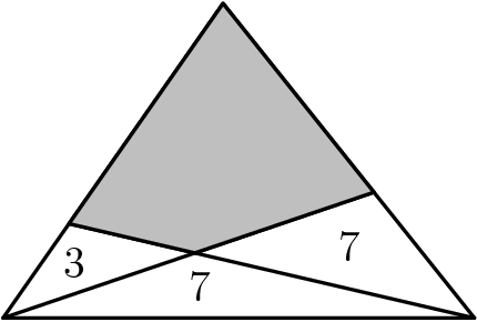 [asy] unitsize(1.5cm); defaultpen(.8); pair A = (0,0), B = (3,0), C = (1.4, 2), D = B + 0.4*(C-B), Ep = A + 0.3*(C-A); pair F = intersectionpoint( A--D, B--Ep ); draw( A -- B -- C -- cycle ); draw( A -- D ); draw( B -- Ep ); filldraw( D -- F -- Ep -- C -- cycle, mediumgray, black ); label("$7$",(1.25,0.2)); label("$7$",(2.2,0.45)); label("$3$",(0.45,0.35)); [/asy]