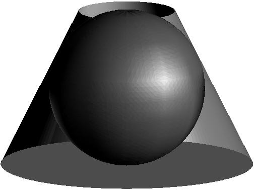 [asy] real r=(3+sqrt(5))/2; real s=sqrt(r); real Brad=r; real brad=1; real Fht = 2*s; import graph3; import solids; currentprojection=orthographic(1,0,.2); currentlight=(10,10,5); revolution sph=sphere((0,0,Fht/2),Fht/2); //draw(surface(sph),green+white+opacity(0.5)); //triple f(pair t) {return (t.x*cos(t.y),t.x*sin(t.y),t.x^(1/n)*sin(t.y/n));} triple f(pair t) { triple v0 = Brad*(cos(t.x),sin(t.x),0); triple v1 = brad*(cos(t.x),sin(t.x),0)+(0,0,Fht); return (v0 + t.y*(v1-v0)); } triple g(pair t) { return (t.y*cos(t.x),t.y*sin(t.x),0); } surface sback=surface(f,(3pi/4,0),(7pi/4,1),80,2); surface sfront=surface(f,(7pi/4,0),(11pi/4,1),80,2); surface base = surface(g,(0,0),(2pi,Brad),80,2); draw(sback,gray(0.9)); draw(sfront,gray(0.5)); draw(base,gray(0.9)); draw(surface(sph),gray(0.4));[/asy]