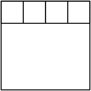 [asy] unitsize(8mm); defaultpen(linewidth(.8pt)); draw((0,0)--(4,0)--(4,4)--(0,4)--cycle); draw((0,3)--(0,4)--(1,4)--(1,3)--cycle); draw((1,3)--(1,4)--(2,4)--(2,3)--cycle); draw((2,3)--(2,4)--(3,4)--(3,3)--cycle); draw((3,3)--(3,4)--(4,4)--(4,3)--cycle); [/asy]