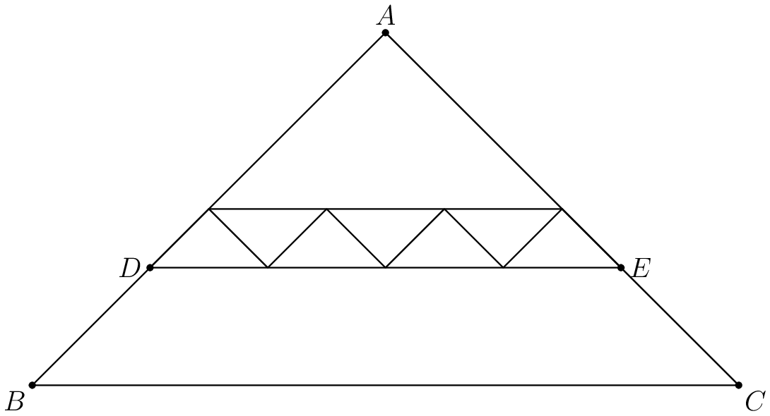 [asy] unitsize(5); dot((0,0)); dot((60,0)); dot((50,10)); dot((10,10)); dot((30,30)); draw((0,0)--(60,0)--(50,10)--(30,30)--(10,10)--(0,0)); draw((10,10)--(50,10)); label("$B$",(0,0),SW); label("$C$",(60,0),SE); label("$E$",(50,10),E); label("$D$",(10,10),W); label("$A$",(30,30),N); draw((10,10)--(15,15)--(20,10)--(25,15)--(30,10)--(35,15)--(40,10)--(45,15)--(50,10)); draw((15,15)--(45,15)); [/asy]