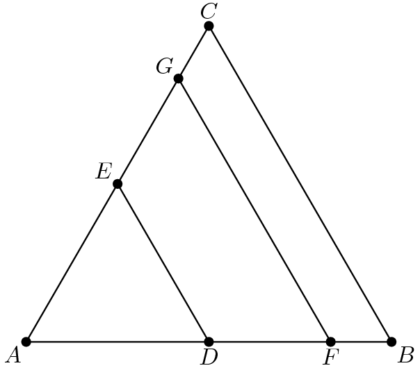 [asy] size(180); pen dps = linewidth(0.7) + fontsize(10); defaultpen(dps); real s=1/2,m=5/6,l=1; pair A=origin,B=(l,0),C=rotate(60)*l,D=(s,0),E=rotate(60)*s,F=m,G=rotate(60)*m; draw(A--B--C--cycle^^D--E^^F--G); dot(A^^B^^C^^D^^E^^F^^G); label("$A$",A,SW); label("$B$",B,SE); label("$C$",C,N); label("$D$",D,S); label("$E$",E,NW); label("$F$",F,S); label("$G$",G,NW); [/asy]