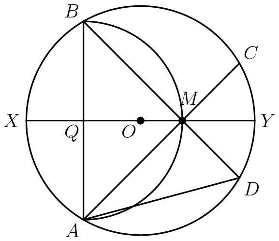 [asy] defaultpen(linewidth(.8pt)); unitsize(2.5cm); real m = 0; real b = 0; pair O = origin; pair X = (-1,0); pair Y = (1,0); pair Q = midpoint(O--X); pair A = (Q.x, -1*sqrt(3)/2); pair B = (Q.x, -1*A.y); pair M = (Q.x + sqrt(3)/2,0); m = (B.y - M.y)/(B.x - M.x); b = (B.y - m*B.x); pair D = intersectionpoint(Circle(O,1),M--(1.5,1.5*m + b)); m = (A.y - M.y)/(A.x - M.x); b = (A.y - m*A.x); pair C = intersectionpoint(Circle(O,1),M--(1.5,1.5*m + b)); draw(Circle(O,1)); draw(Arc(Q,sqrt(3)/2,-90,90)); draw(A--B); draw(X--Y); draw(B--D); draw(A--C); draw(A--D); dot(O);dot(M); label("$B$",B,NW); label("$C$",C,NE); label("$Y$",Y,E); label("$D$",D,SE); label("$A$",A,SW); label("$X$",X,W); label("$Q$",Q,SW); label("$O$",O,SW); label("$M$",M,NE+2N);[/asy]