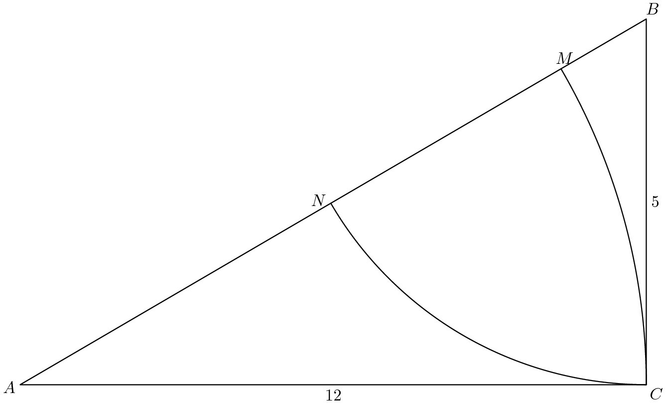 [asy] defaultpen(linewidth(0.7)+fontsize(10)); pair A=origin, B=(12,7), C=(12,0), M=12*dir(A--B), N=B+B.y*dir(B--A); real r=degrees(B); draw(A--B--C--cycle^^Arc(A,12,0,r)^^Arc(B,B.y,180+r,270)); pair point=incenter(A,B,C); label("$A$", A, dir(point--A)); label("$B$", B, dir(point--B)); label("$C$", C, dir(point--C)); label("$M$", M, dir(point--M)); label("$N$", N, dir(point--N)); label("$12$", (6,0), S); label("$5$", (12,3.5), E);[/asy]