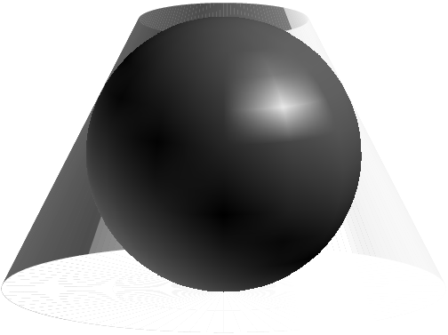 [asy] real r=(3+sqrt(5))/2; real s=sqrt(r); real Brad=r; real brad=1; real Fht = 2*s; import graph3; import solids; currentprojection=orthographic(1,0,.2); currentlight=(10,10,5); revolution sph=sphere((0,0,Fht/2),Fht/2); //draw(surface(sph),green+white+opacity(0.5)); //triple f(pair t) {return (t.x*cos(t.y),t.x*sin(t.y),t.x^(1/n)*sin(t.y/n));} triple f(pair t) { triple v0 = Brad*(cos(t.x),sin(t.x),0); triple v1 = brad*(cos(t.x),sin(t.x),0)+(0,0,Fht); return (v0 + t.y*(v1-v0)); } triple g(pair t) { return (t.y*cos(t.x),t.y*sin(t.x),0); } surface sback=surface(f,(3pi/4,0),(7pi/4,1),80,2); surface sfront=surface(f,(7pi/4,0),(11pi/4,1),80,2); surface base = surface(g,(0,0),(2pi,Brad),80,2); draw(sback,gray(0.3)); draw(sfront,gray(0.5)); draw(base,gray(0.9)); draw(surface(sph),gray(0.4));[/asy]