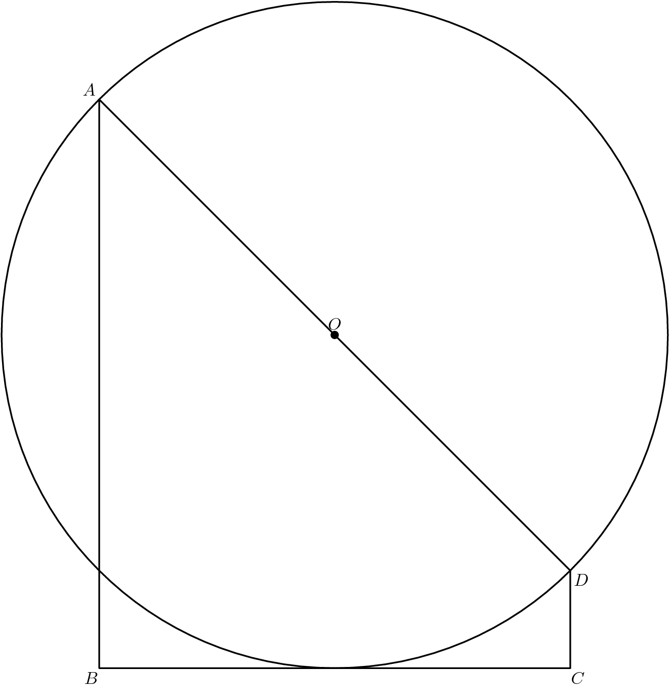 [asy] defaultpen(fontsize(10pt)+linewidth(.8pt)); pair O=origin, A=(-1/sqrt(2),1/sqrt(2)), B=(-1/sqrt(2),-1), C=(1/sqrt(2),-1), D=(1/sqrt(2),-1/sqrt(2)); draw(unitcircle); dot(O); draw(A--B--C--D--A); label("$A$",A,dir(A)); label("$B$",B,dir(B)); label("$C$",C,dir(C)); label("$D$",D,dir(D)); label("$O$",O,N); [/asy]