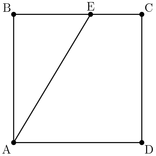 [asy] pair A,B,C,D,E; A=(0,0); B=(0,50); C=(50,50); D=(50,0); E = (30,50); draw(A--B); draw(B--E); draw(E--C); draw(C--D); draw(D--A); draw(A--E); dot(A); dot(B); dot(C); dot(D); dot(E); label("A",A,SW); label("B",B,NW); label("C",C,NE); label("D",D,SE); label("E",E,N); [/asy]