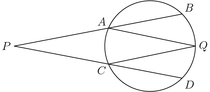 [asy] size(3inch); draw(Circle((1,0),1)); pair A, B, C, D, P, Q; P = (-2,0); B=(sqrt(2)/2+1,sqrt(2)/2); D=(sqrt(2)/2+1,-sqrt(2)/2); Q = (2,0); A = intersectionpoints(Circle((1,0),1),B--P)[1]; C = intersectionpoints(Circle((1,0),1),D--P)[0]; draw(B--P--D); draw(A--Q--C); label("$A$",A,NW); label("$B$",B,NE); label("$C$",C,SW); label("$D$",D,SE); label("$P$",P,W); label("$Q$",Q,E); //Credit to chezbgone2 for the diagram[/asy]