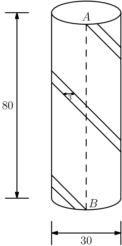 [asy] size(250);defaultpen(linewidth(0.8)); draw(ellipse(origin, 3, 1)); fill((3,0)--(3,2)--(-3,2)--(-3,0)--cycle, white); draw((3,0)--(3,16)^^(-3,0)--(-3,16)); draw((0, 15)--(3, 12)^^(0, 16)--(3, 13)); filldraw(ellipse((0, 16), 3, 1), white, black); draw((-3,11)--(3, 5)^^(-3,10)--(3, 4)); draw((-3,2)--(0,-1)^^(-3,1)--(-1,-0.89)); draw((0,-1)--(0,15), dashed); draw((3,-2)--(3,-4)^^(-3,-2)--(-3,-4)); draw((-7,0)--(-5,0)^^(-7,16)--(-5,16)); draw((3,-3)--(-3,-3), Arrows(6)); draw((-6,0)--(-6,16), Arrows(6)); draw((-2,9)--(-1,9), Arrows(3)); label("$3$", (-1.375,9.05), dir(260), fontsize(7)); label("$A$", (0,15), N); label("$B$", (0,-1), NE); label("$30$", (0, -3), S); label("$80$", (-6, 8), W);[/asy]