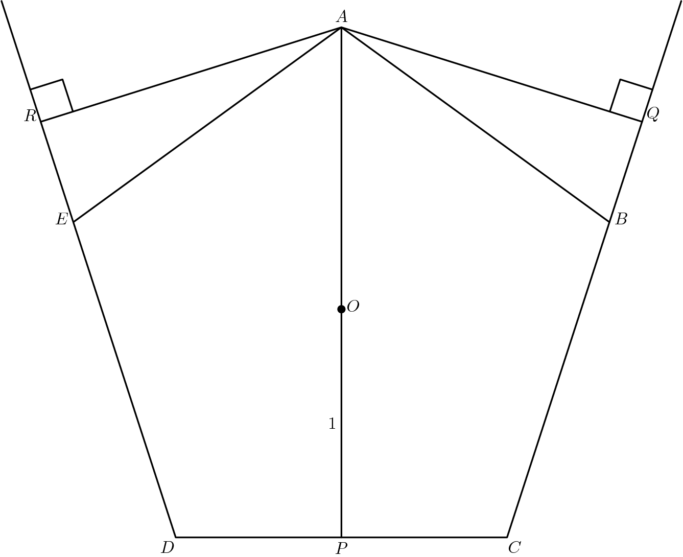 [asy] defaultpen(fontsize(10pt)+linewidth(.8pt)); pair O=origin, A=2*dir(90), B=2*dir(18), C=2*dir(306), D=2*dir(234), E=2*dir(162), P=(C+D)/2, Q=C+3.10*dir(C--B), R=D+3.10*dir(D--E), S=C+4.0*dir(C--B), T=D+4.0*dir(D--E); draw(A--B--C--D--E--A^^E--T^^B--S^^R--A--Q^^A--P^^rightanglemark(A,Q,S)^^rightanglemark(A,R,T)); dot(O); label("$O$",O,dir(B)); label("$1$",(O+P)/2,W); label("$A$",A,dir(A)); label("$B$",B,dir(B)); label("$C$",C,dir(C)); label("$D$",D,dir(D)); label("$E$",E,dir(E)); label("$P$",P,dir(P)); label("$Q$",Q,dir(Q)); label("$R$",R,dir(R)); [/asy]