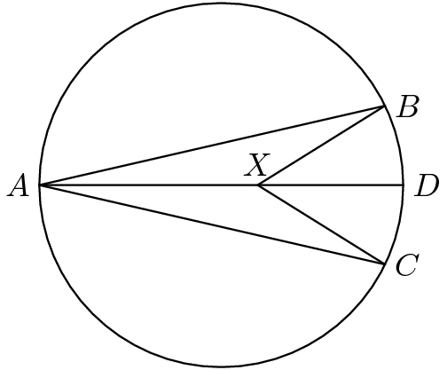 [asy] draw(circle((0,0),10),black+linewidth(.75)); draw((-10,0)--(10,0),black+linewidth(.75)); draw((-10,0)--(9,sqrt(19)),black+linewidth(.75)); draw((-10,0)--(9,-sqrt(19)),black+linewidth(.75)); draw((2,0)--(9,sqrt(19)),black+linewidth(.75)); draw((2,0)--(9,-sqrt(19)),black+linewidth(.75)); MP("X",(2,0),N);MP("A",(-10,0),W);MP("D",(10,0),E);MP("B",(9,sqrt(19)),E);MP("C",(9,-sqrt(19)),E); [/asy]