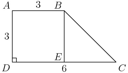[asy] defaultpen(linewidth(0.7)); pair A=(0,3), B=(3,3), C=(6,0), D=origin, E=(3,0); draw(E--B--C--D--A--B); draw(rightanglemark(A, D, C)); label("$A$", A, NW); label("$B$", B, NW); label("$C$", C, SE); label("$D$", D, SW); label("$E$", E, NW); label("$3$", A--D, W); label("$3$", A--B, N); label("$6$", E, S); [/asy]