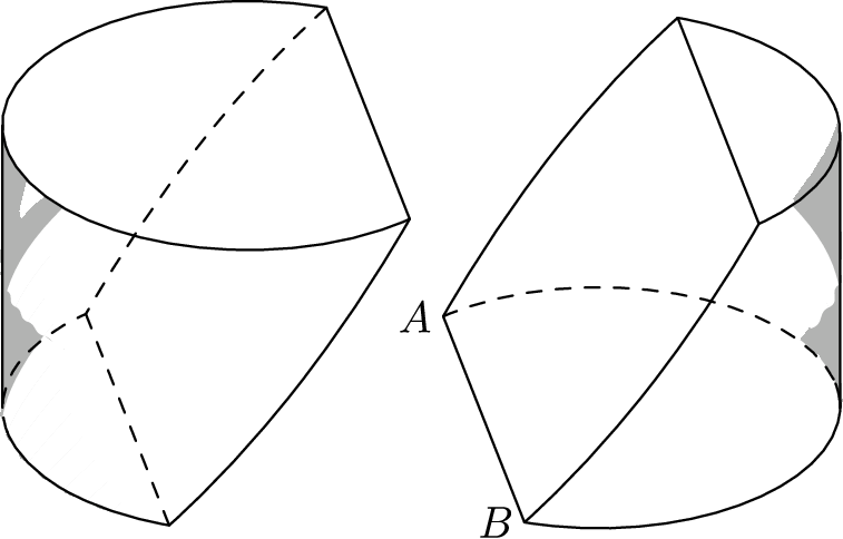 [asy] import three; import solids; size(8cm); currentprojection=orthographic(-1,-5,3); picture lpic, rpic; size(lpic,5cm); draw(lpic,surface(revolution((0,0,0),(-3,3*sqrt(3),0)..(0,6,4)..(3,3*sqrt(3),8),Z,0,120)),gray(0.7),nolight); draw(lpic,surface(revolution((0,0,0),(-3*sqrt(3),-3,8)..(-6,0,4)..(-3*sqrt(3),3,0),Z,0,90)),gray(0.7),nolight); draw(lpic,surface((3,3*sqrt(3),8)..(-6,0,8)..(3,-3*sqrt(3),8)--cycle),gray(0.7),nolight); draw(lpic,(3,-3*sqrt(3),8)..(-6,0,8)..(3,3*sqrt(3),8)); draw(lpic,(-3,3*sqrt(3),0)--(-3,-3*sqrt(3),0),dashed); draw(lpic,(3,3*sqrt(3),8)..(0,6,4)..(-3,3*sqrt(3),0)--(-3,3*sqrt(3),0)..(-3*sqrt(3),3,0)..(-6,0,0),dashed); draw(lpic,(3,3*sqrt(3),8)--(3,-3*sqrt(3),8)..(0,-6,4)..(-3,-3*sqrt(3),0)--(-3,-3*sqrt(3),0)..(-3*sqrt(3),-3,0)..(-6,0,0)); draw(lpic,(6*cos(atan(-1/5)+3.14159),6*sin(atan(-1/5)+3.14159),0)--(6*cos(atan(-1/5)+3.14159),6*sin(atan(-1/5)+3.14159),8)); size(rpic,5cm); draw(rpic,surface(revolution((0,0,0),(3,3*sqrt(3),8)..(0,6,4)..(-3,3*sqrt(3),0),Z,230,360)),gray(0.7),nolight); draw(rpic,surface((-3,3*sqrt(3),0)..(6,0,0)..(-3,-3*sqrt(3),0)--cycle),gray(0.7),nolight); draw(rpic,surface((-3,3*sqrt(3),0)..(0,6,4)..(3,3*sqrt(3),8)--(3,3*sqrt(3),8)--(3,-3*sqrt(3),8)--(3,-3*sqrt(3),8)..(0,-6,4)..(-3,-3*sqrt(3),0)--cycle),white,nolight); draw(rpic,(-3,-3*sqrt(3),0)..(-6*cos(atan(-1/5)+3.14159),-6*sin(atan(-1/5)+3.14159),0)..(6,0,0)); draw(rpic,(-6*cos(atan(-1/5)+3.14159),-6*sin(atan(-1/5)+3.14159),0)..(6,0,0)..(-3,3*sqrt(3),0),dashed); draw(rpic,(3,3*sqrt(3),8)--(3,-3*sqrt(3),8)); draw(rpic,(-3,3*sqrt(3),0)..(0,6,4)..(3,3*sqrt(3),8)--(3,3*sqrt(3),8)..(3*sqrt(3),3,8)..(6,0,8)); draw(rpic,(-3,3*sqrt(3),0)--(-3,-3*sqrt(3),0)..(0,-6,4)..(3,-3*sqrt(3),8)--(3,-3*sqrt(3),8)..(3*sqrt(3),-3,8)..(6,0,8)); draw(rpic,(-6*cos(atan(-1/5)+3.14159),-6*sin(atan(-1/5)+3.14159),0)--(-6*cos(atan(-1/5)+3.14159),-6*sin(atan(-1/5)+3.14159),8)); label(rpic,"$A$",(-3,3*sqrt(3),0),W); label(rpic,"$B$",(-3,-3*sqrt(3),0),W); add(lpic.fit(),(0,0)); add(rpic.fit(),(1,0)); [/asy]