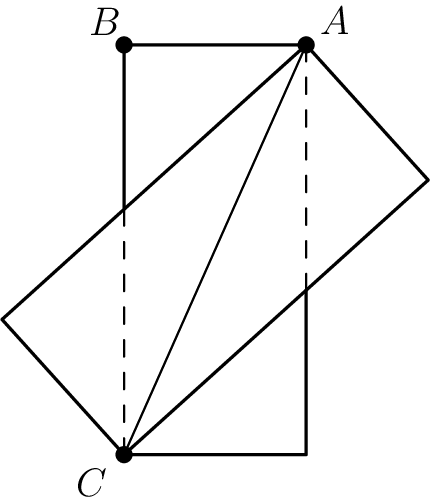 [asy] defaultpen(fontsize(12)+0.85); size(150); real h=2.25; pair C=origin,B=(0,h),A=(1,h),D=(1,0),Dp=reflect(A,C)*D,Bp=reflect(A,C)*B; pair L=extension(A,Dp,B,C),R=extension(Bp,C,A,D); draw(L--B--A--Dp--C--Bp--A); draw(C--D--R); draw(L--C^^R--A,dashed+0.6); draw(A--C,black+0.6); dot("$C$",C,2*dir(C-R)); dot("$A$",A,1.5*dir(A-L)); dot("$B$",B,dir(B-R)); [/asy]