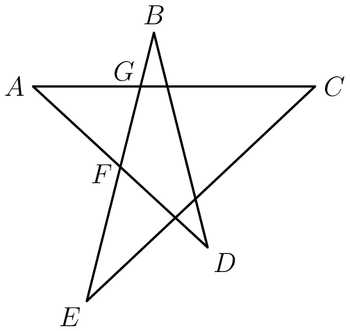 [asy] pair A,B,C,D,EE,F,G; A = (0,0); B = (9,4); C = (21,0); D = (13,-12); EE = (4,-16); F = (13/2,-6); G = (8,0); draw(A--C--EE--B--D--cycle); label("$A$",A,W); label("$B$",B,N); label("$C$",C,E); label("$D$",D,SE); label("$E$",EE,SW); label("$F$",F,WSW); label("$G$",G,NW); [/asy]