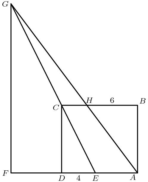 [asy] unitsize(3mm); defaultpen(linewidth(.8pt)+fontsize(8pt)); pair D=(0,0), Ep=(4,0), A=(9,0), B=(9,8), H=(3,8), C=(0,8), G=(-6,20), F=(-6,0); draw(D--A--B--C--D--F--G--Ep); draw(A--G); label("$F$",F,W); label("$G$",G,W); label("$C$",C,WSW); label("$H$",H,NNE); label("$6$",(6,8),N); label("$B$",B,NE); label("$A$",A,SW); label("$E$",Ep,S); label("$4$",(2,0),S); label("$D$",D,S);[/asy]