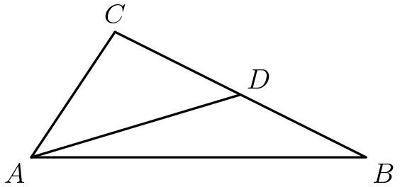 [asy] defaultpen(linewidth(.8pt)); unitsize(2.5cm); pair A = origin; pair B = (2,0); pair C = (0.5,0.75); pair D = midpoint(C--B); draw(A--B--C--cycle); draw(A--D); label("$A$",A,SW); label("$B$",B,SE); label("$C$",C,N); label("$D$",D,NE);[/asy]
