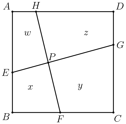 [asy] pair A = (0,sqrt(850)); pair B = (0,0); pair C = (sqrt(850),0); pair D = (sqrt(850),sqrt(850)); draw(A--B--C--D--cycle); dotfactor = 3; dot("$A$",A,dir(135)); dot("$B$",B,dir(215)); dot("$C$",C,dir(305)); dot("$D$",D,dir(45)); pair H = ((2sqrt(850)-sqrt(306))/6,sqrt(850)); pair F = ((2sqrt(850)+sqrt(306)+7)/6,0); dot("$H$",H,dir(90)); dot("$F$",F,dir(270)); draw(H--F); pair E = (0,(sqrt(850)-6)/2); pair G = (sqrt(850),(sqrt(850)+sqrt(100))/2); dot("$E$",E,dir(180)); dot("$G$",G,dir(0)); draw(E--G); pair P = extension(H,F,E,G); dot("$P$",P,dir(60)); label("$w$", intersectionpoint( A--P, E--H )); label("$x$", intersectionpoint( B--P, E--F )); label("$y$", intersectionpoint( C--P, G--F )); label("$z$", intersectionpoint( D--P, G--H ));[/asy]