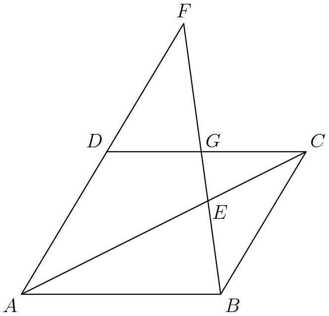 [asy] size(7cm); pair A = (0, 0), B = (7, 0), C = (10, 5), D = (3, 5), F = (5.7, 9.5); pair G = intersectionpoints(B--F, D--C)[0]; pair E = intersectionpoints(A--C, B--F)[0]; draw(A--D--C--B--cycle); draw(A--C); draw(D--F--B); label("$A$", A, SW); label("$B$", B, SE); label("$C$", C, NE); label("$D$", D, NW); label("$F$", F, N); label("$G$", G, NE); label("$E$", E, SE); //Credit to MSTang for the asymptote[/asy]