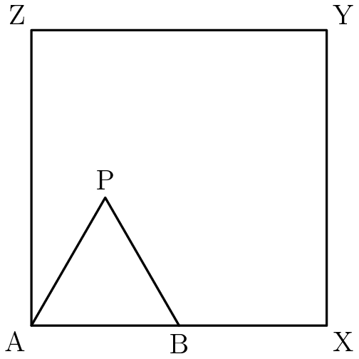 [asy] draw(unitsquare);draw((0,0)--(.25,sqrt(3)/4)--(.5,0)); label("Z",(0,1),NW);label("Y",(1,1),NE);label("A",(0,0),SW);label("X",(1,0),SE);label("B",(.5,0),S);label("P",(.25,sqrt(3)/4),N); //Credit to Zimbalono for the diagram [/asy]