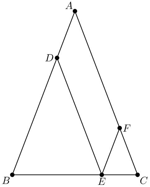 [asy] size(180); pen dps = linewidth(0.7) + fontsize(10); defaultpen(dps); real r=5/7; pair A=(10,sqrt(28^2-100)),B=origin,C=(20,0),D=(A.x*r,A.y*r); pair bottom=(C.x+(D.x-A.x),C.y+(D.y-A.y)); pair E=extension(D,bottom,B,C); pair top=(E.x+D.x,E.y+D.y); pair F=extension(E,top,A,C); draw(A--B--C--cycle^^D--E--F); dot(A^^B^^C^^D^^E^^F); label("$A$",A,NW); label("$B$",B,SW); label("$C$",C,SE); label("$D$",D,W); label("$E$",E,S); label("$F$",F,dir(0)); [/asy]