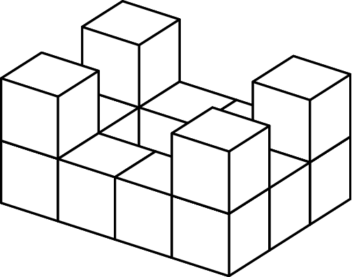 [asy] import three; defaultpen(linewidth(0.8)); real r=0.5; currentprojection=orthographic(3/4,8/15,7/15); draw(unitcube, white, thick(), nolight); draw(shift(1,0,0)*unitcube, white, thick(), nolight); draw(shift(2,0,0)*unitcube, white, thick(), nolight); draw(shift(0,0,1)*unitcube, white, thick(), nolight); draw(shift(2,0,1)*unitcube, white, thick(), nolight); draw(shift(0,1,0)*unitcube, white, thick(), nolight); draw(shift(2,1,0)*unitcube, white, thick(), nolight); draw(shift(0,2,0)*unitcube, white, thick(), nolight); draw(shift(2,2,0)*unitcube, white, thick(), nolight); draw(shift(0,3,0)*unitcube, white, thick(), nolight); draw(shift(0,3,1)*unitcube, white, thick(), nolight); draw(shift(1,3,0)*unitcube, white, thick(), nolight); draw(shift(2,3,0)*unitcube, white, thick(), nolight); draw(shift(2,3,1)*unitcube, white, thick(), nolight);[/asy]
