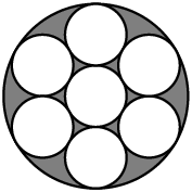 [asy] import graph; unitsize(.3cm); path c=Circle((0,2),1); filldraw(Circle((0,0),3),grey,black); filldraw(Circle((0,0),1),white,black); filldraw(c,white,black); filldraw(rotate(60)*c,white,black); filldraw(rotate(120)*c,white,black); filldraw(rotate(180)*c,white,black); filldraw(rotate(240)*c,white,black); filldraw(rotate(300)*c,white,black); [/asy]