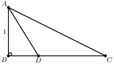 [asy] unitsize(2cm); defaultpen(linewidth(.8pt)+fontsize(8pt)); dotfactor=4; pair A=(0,1), B=(0,0), C=(2,0); pair D=extension(A,bisectorpoint(B,A,C),B,C); pair[] ds={A,B,C,D}; dot(ds); draw(A--B--C--A--D); label("$1$",midpoint(A--B),W); label("$B$",B,SW); label("$D$",D,S); label("$C$",C,SE); label("$A$",A,NW); draw(rightanglemark(C,B,A,2)); [/asy]
