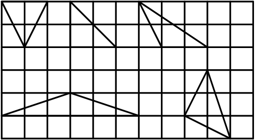 [asy] for(int a=0; a<12; ++a) { draw((a,0)--(a,6)); } for(int b=0; b<7; ++b) { draw((0,b)--(11,b)); } draw((0,6)--(2,6)--(1,4)--cycle,linewidth(1)); draw((3,4)--(3,6)--(5,4)--cycle,linewidth(1)); draw((0,1)--(3,2)--(6,1)--cycle,linewidth(1)); draw((7,4)--(6,6)--(9,4)--cycle,linewidth(1)); draw((8,1)--(9,3)--(10,0)--cycle,linewidth(1)); [/asy]